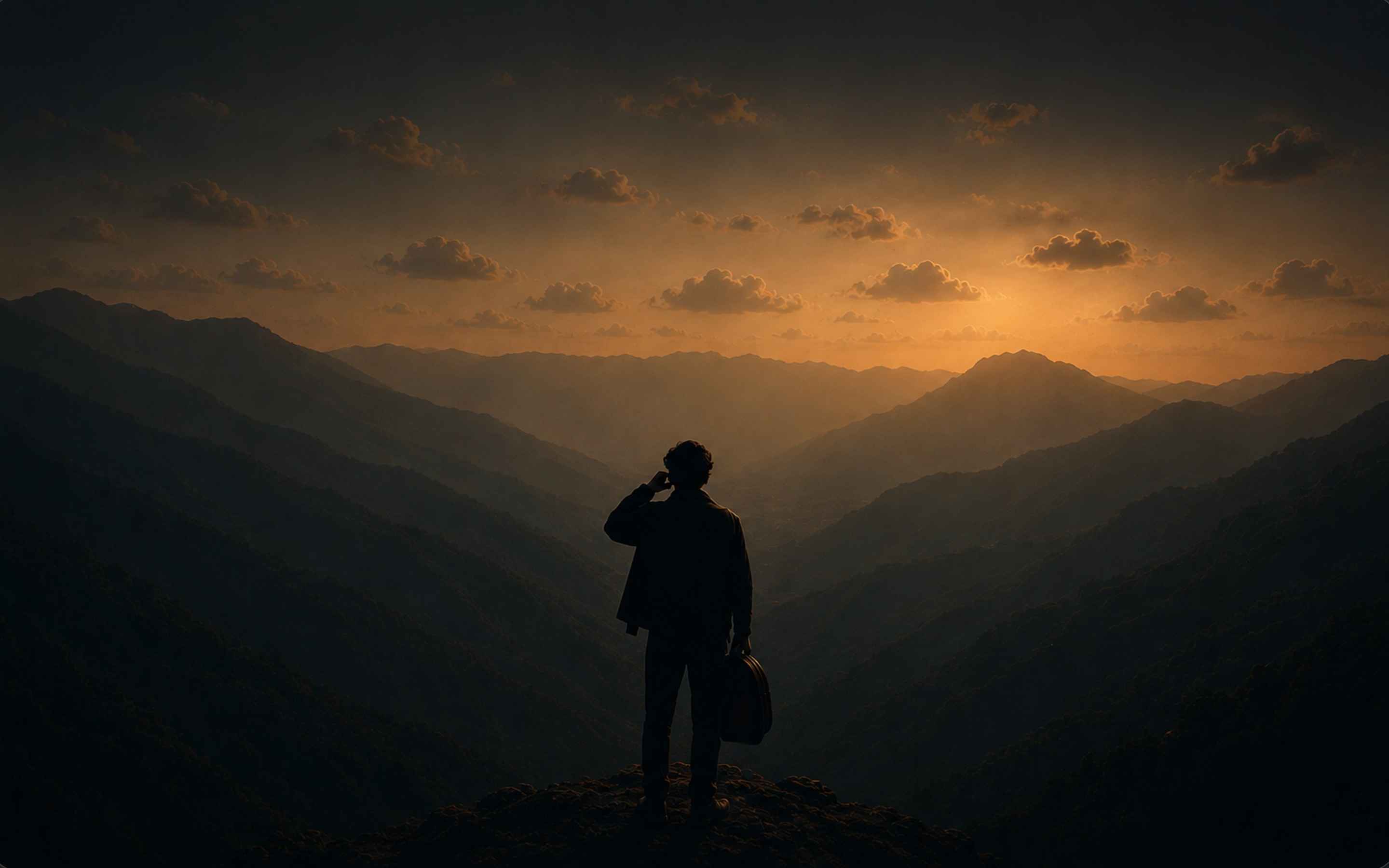 A person standing alone on a mountain summit at golden sunset, looking across the valley, the hero image for Shivam Attri, AI SEO and AEO consultant