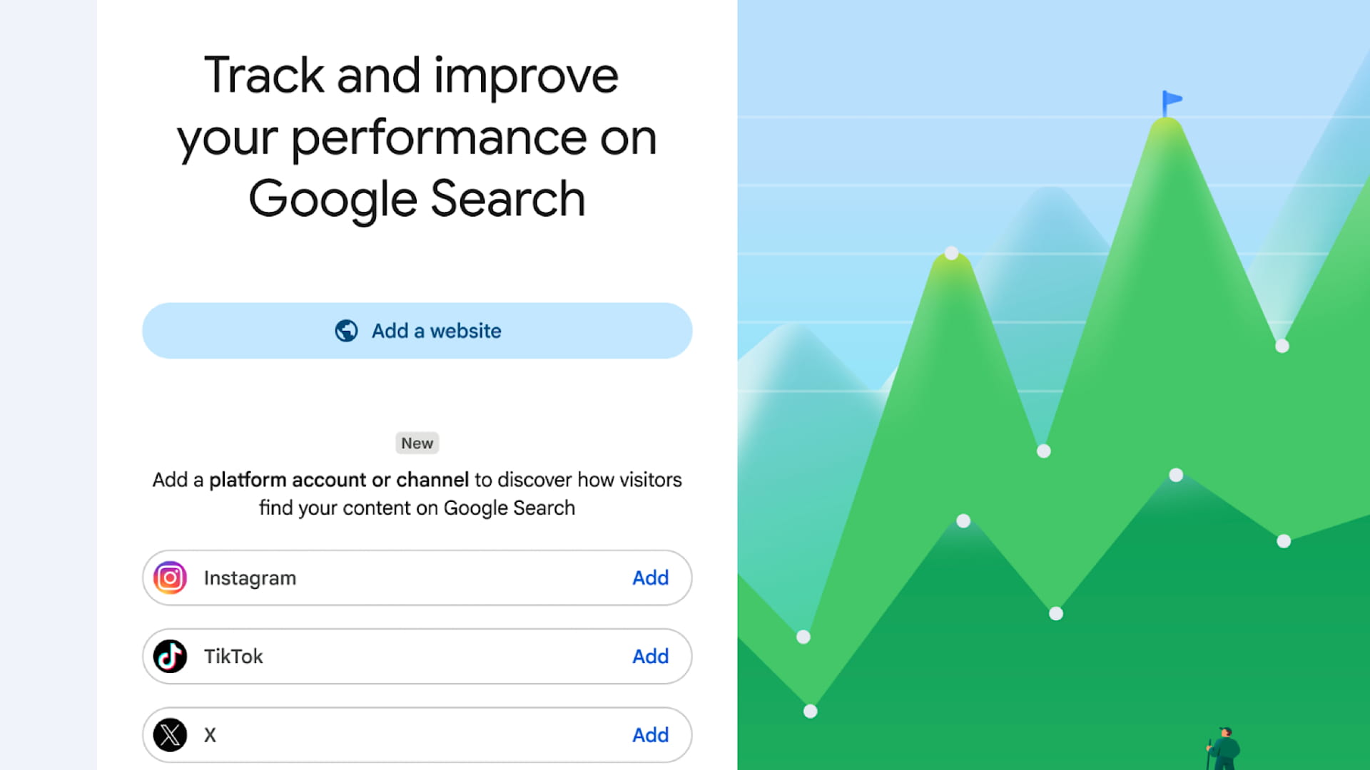 Google Search Console screen titled Track and improve your performance on Google Search, with an Add a website button above a new section to add a platform account or channel for Instagram, TikTok, and X.