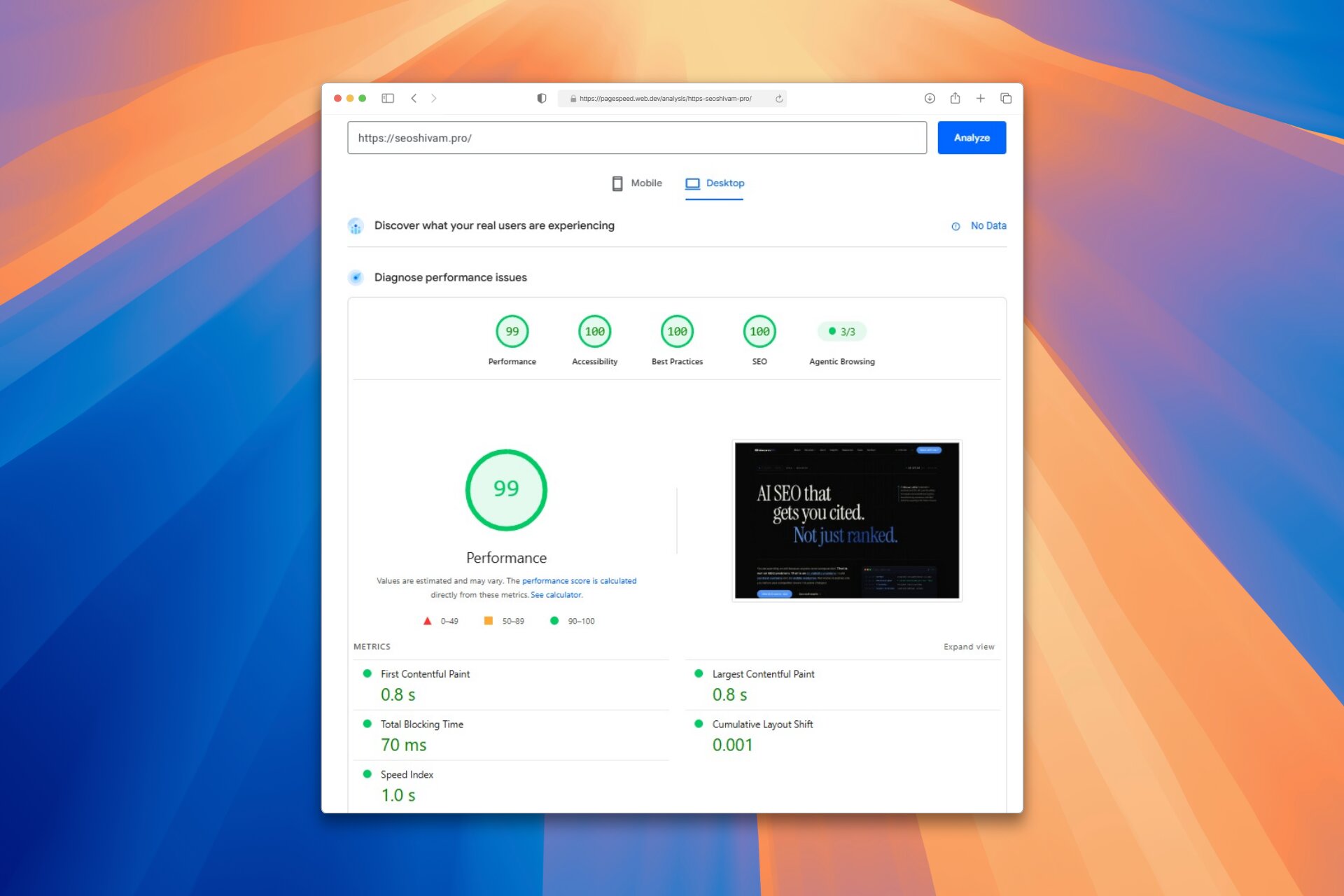PageSpeed Insights desktop report for seoshivam.pro showing Performance 99, Accessibility 100, Best Practices 100, SEO 100, and Agentic Browsing 3 out of 3, with Cumulative Layout Shift 0.001.