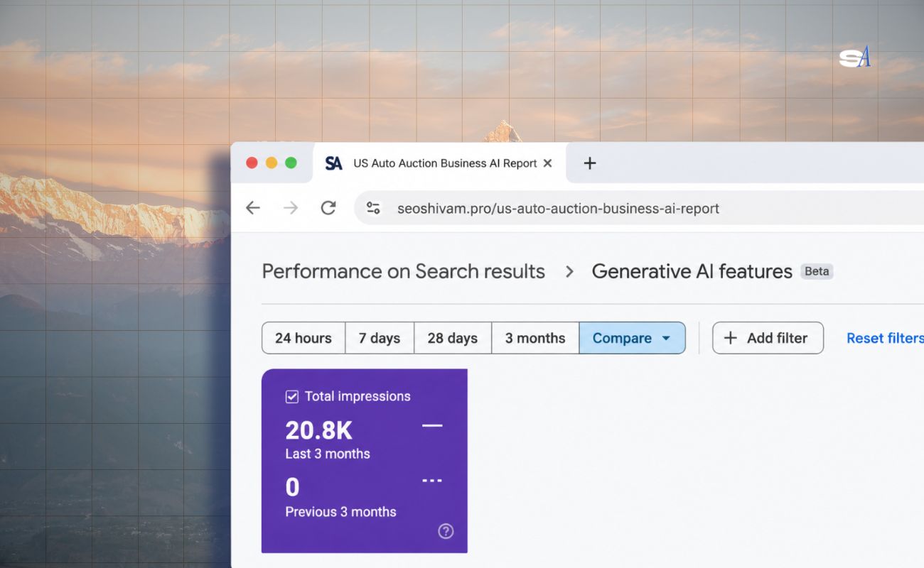 Google Search Console Generative AI features report showing 20,800 impressions over three months for a US auto auction business