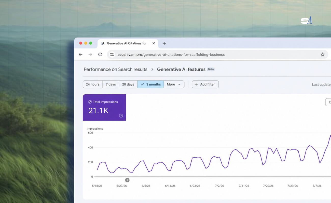 Google Search Console Generative AI features report showing 21.1K impressions over three months for a UK scaffolding business