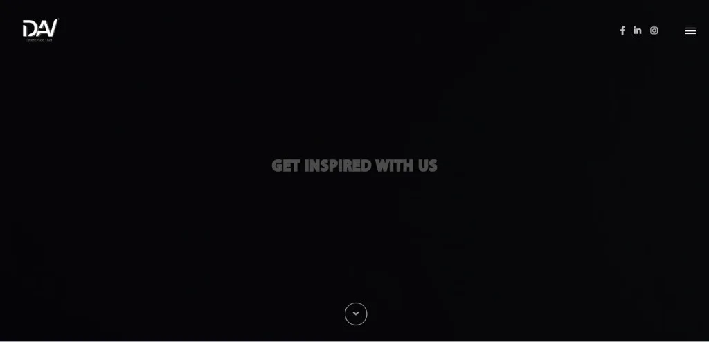 Dark cinematic audio visual company homepage with centered hero headline and minimal top navigation