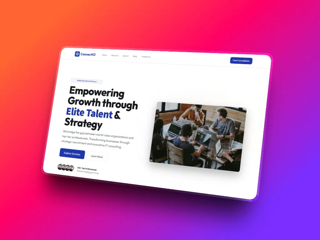 IT recruitment marketing homepage with split hero layout, team photography, and consultation call-to-action buttons