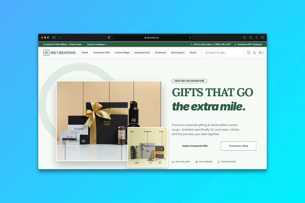 Corporate gifting ecommerce homepage with product hero, catalogue download bar, and branded gift-set photography